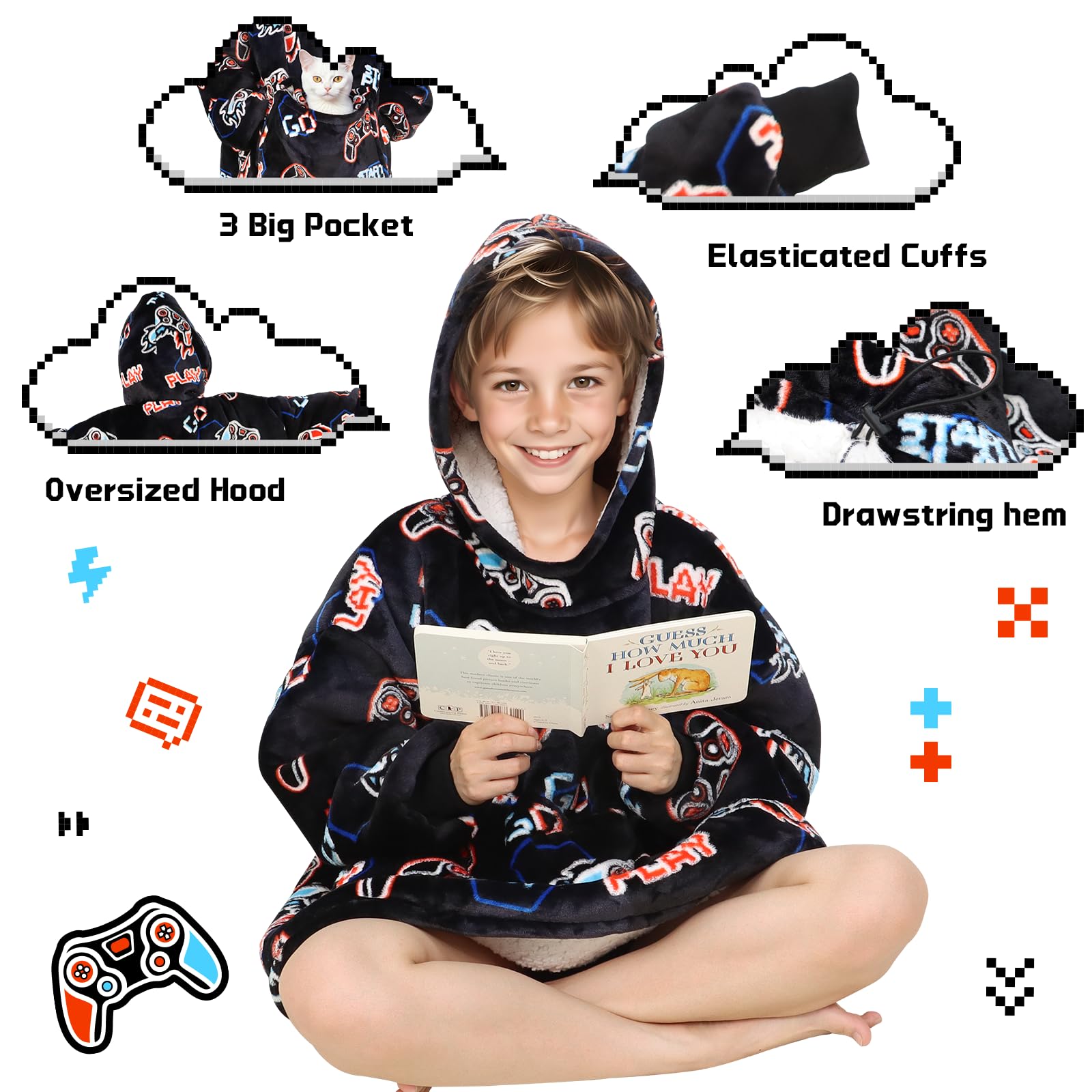 REXEO Wearable Blanket Hoodie for Kids Fleece Sweatshirt Blanket Gamer Gifts for Boys Girls Flannel Hooded Blanket with Pocket and Sleeves for Kids