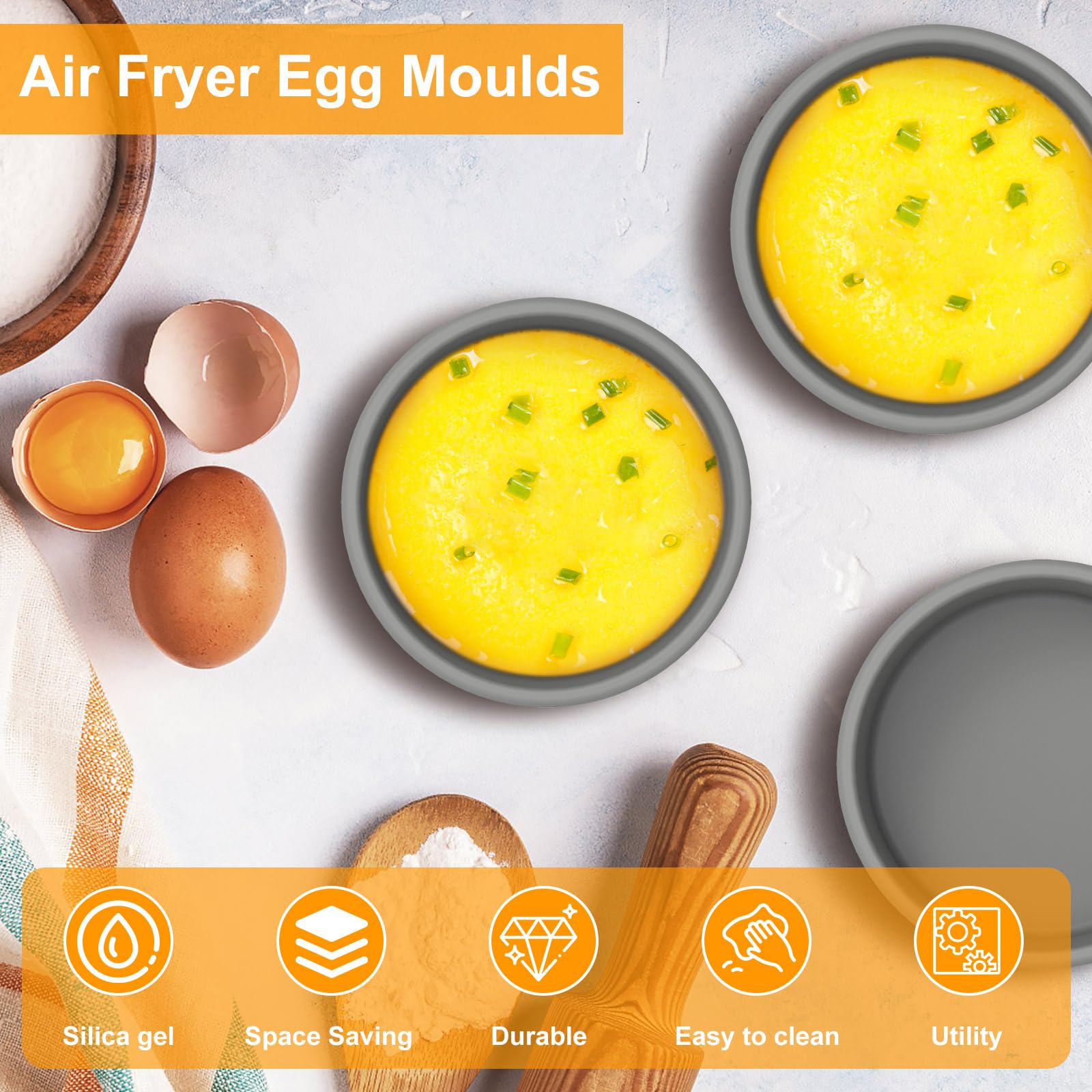 3Pcs Silicone Air Fryer Egg Mold, 4-Inch Reusable Nonstick Egg Bites Pan-Alternative to Microwave Egg Cooker/Sous Vide Egg Bite Maker,BPA Free,Dishwasher Safe,Air Fryer Accessories(Grey,3pcs)