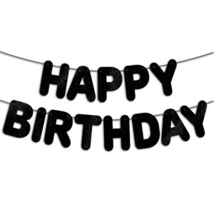 junyruny pre-strung happy birthday banner black glitter banner, black birthday party decorations & decor for women & men & boy & girl, 30th 40th 50th 60th 70th 80th happy birthday backdrop/sign birthday gift