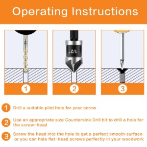 5 Pcs Countersink Drill Bit Set, 82 Degree, 5Flute with 1/4” Quick Change Hex Shank, Sizes 1/4” to 3/4” for Metal, Wood & Plastic, Ideal for Carpentry, Metalwork, Plastic Fabrication