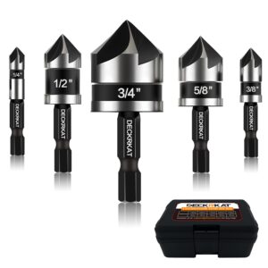 5 pcs countersink drill bit set, 82 degree, 5flute with 1/4” quick change hex shank, sizes 1/4” to 3/4” for metal, wood & plastic, ideal for carpentry, metalwork, plastic fabrication