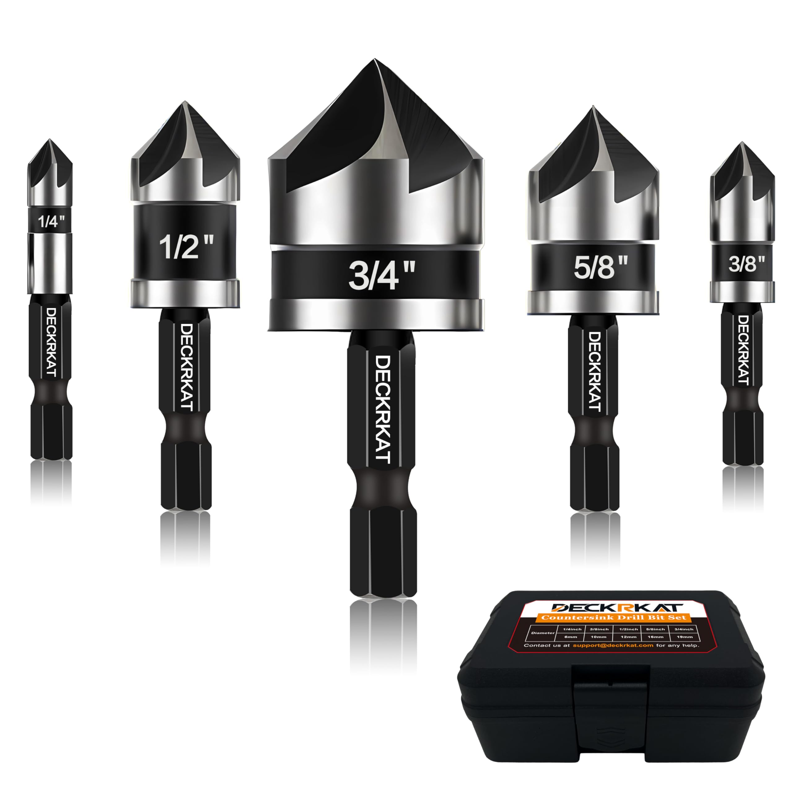 5 Pcs Countersink Drill Bit Set, 82 Degree, 5Flute with 1/4” Quick Change Hex Shank, Sizes 1/4” to 3/4” for Metal, Wood & Plastic, Ideal for Carpentry, Metalwork, Plastic Fabrication