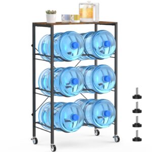 housolution 3 tier 5 gallon water jug holder 6-tray water jug rack with top shelf and 4 wheels heavy duty movable water jug stand,5 gallon water bottle holder for kitchen office living room，brown