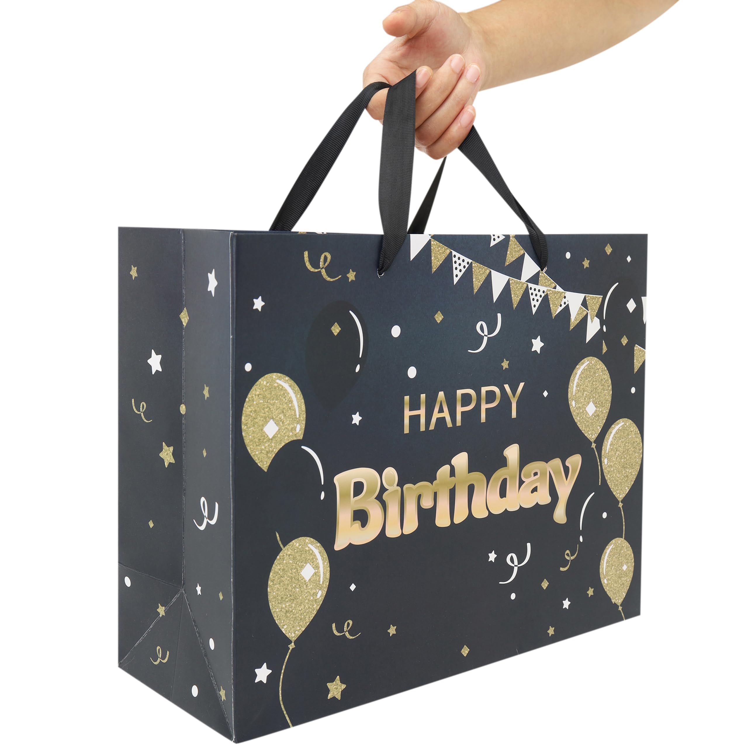 13” Large Black Happy Birthday Gift Bag Set with Handles, Greeting Card, Tissue Papers and Stickers for Women Girls Men Boys, Balloons Design, 1 Pcs