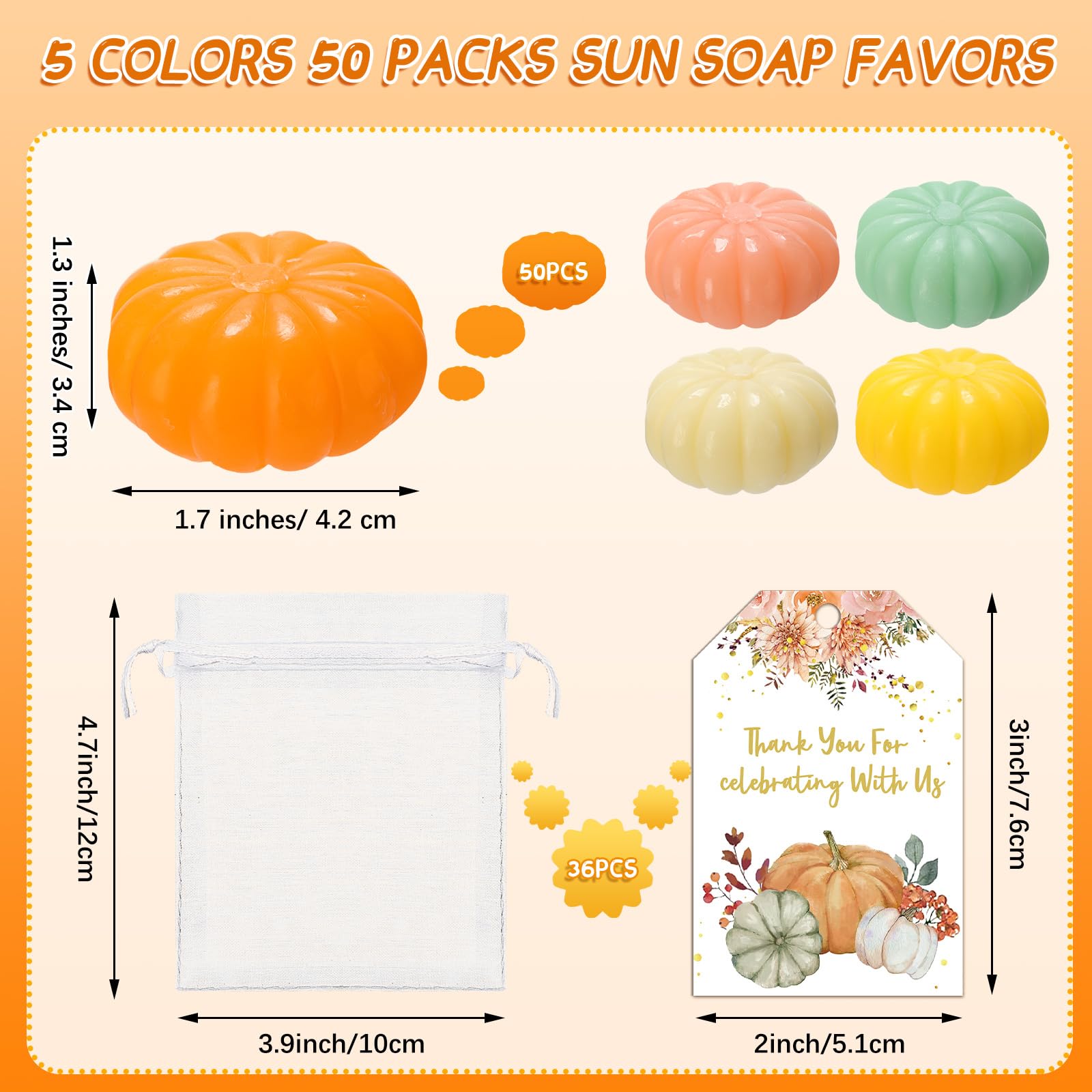 Leelosp 50 Set Thanksgiving Pumpkin Baby Shower Soap Favors Mini Pumpkin Baby Shower Favors Include Pumpkin Soap Thanks Cards Drawstring Gift Bags for Autumn Thanksgiving Day Party Decorations Gifts