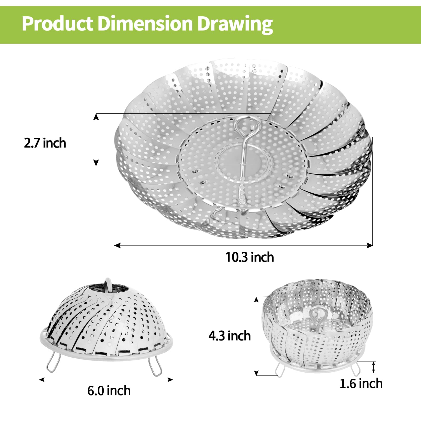 IQworks Steamer Basket, Stainless Steel Folding Steamer Basket (6 to 10.3 inches), 3rd Generation, Steamer for Cooking, Vegetable Steamer, Steamer Basket for Pot, Expandable to Fit Various Sizes