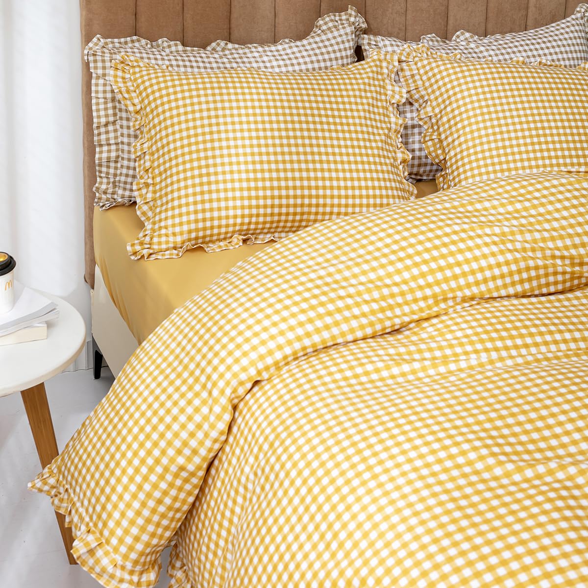 INFLAG Ruffle Duvet Cover Set Twin Size, Vintage Ruffle Plaid Bedding Set, 100% Washed Cotton Soft Breathable Quilt Cover 2 Pieces Zipper Closure Bedding (Yellow, Twin 66"x90")