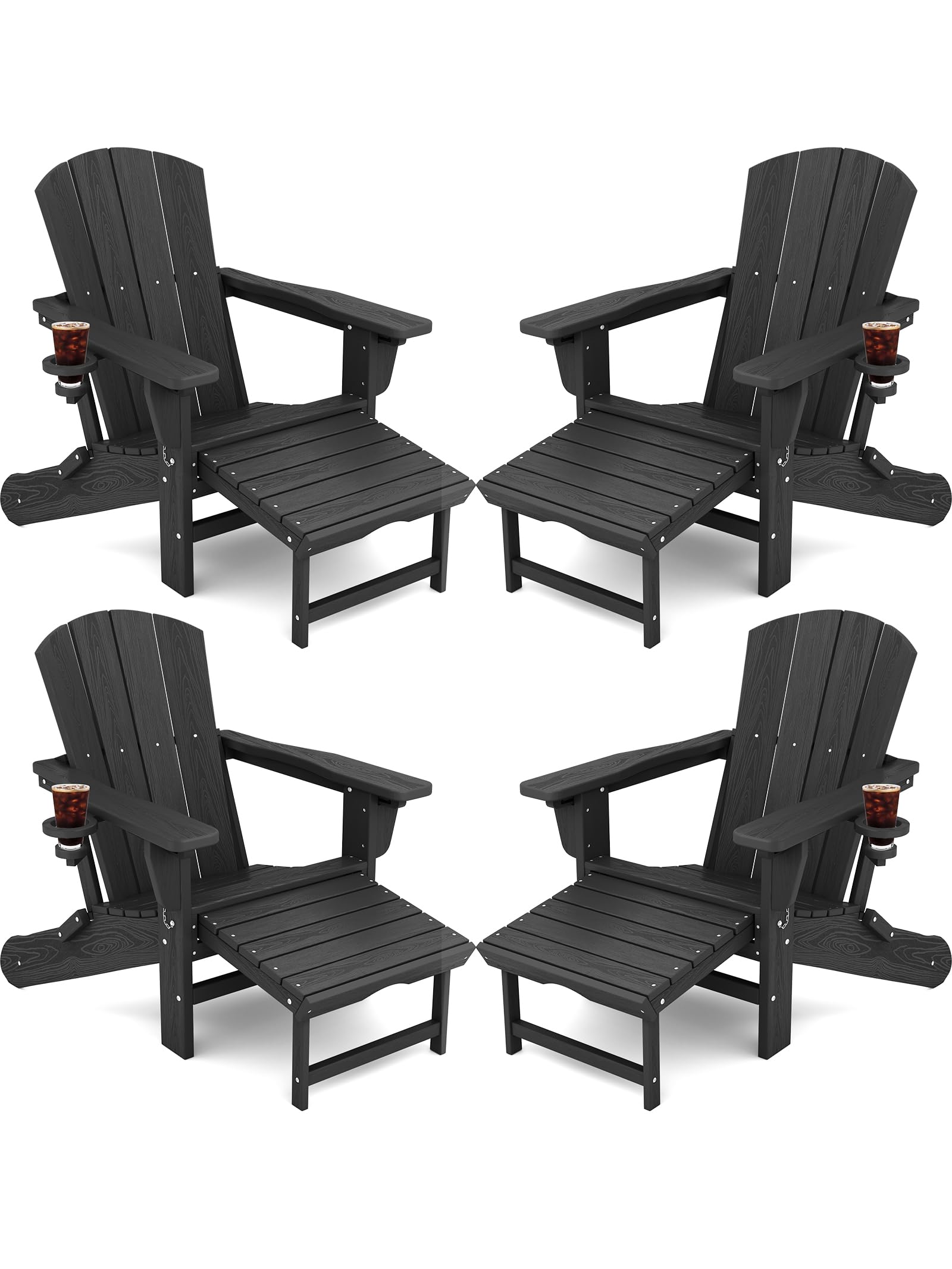 KINGYES Folding Adjustable Adirondack Chair with Retractable Ottoman Set of 4, HDPE All Weather Chair with Cup Holder - Versatile Adirondack Chair, Black