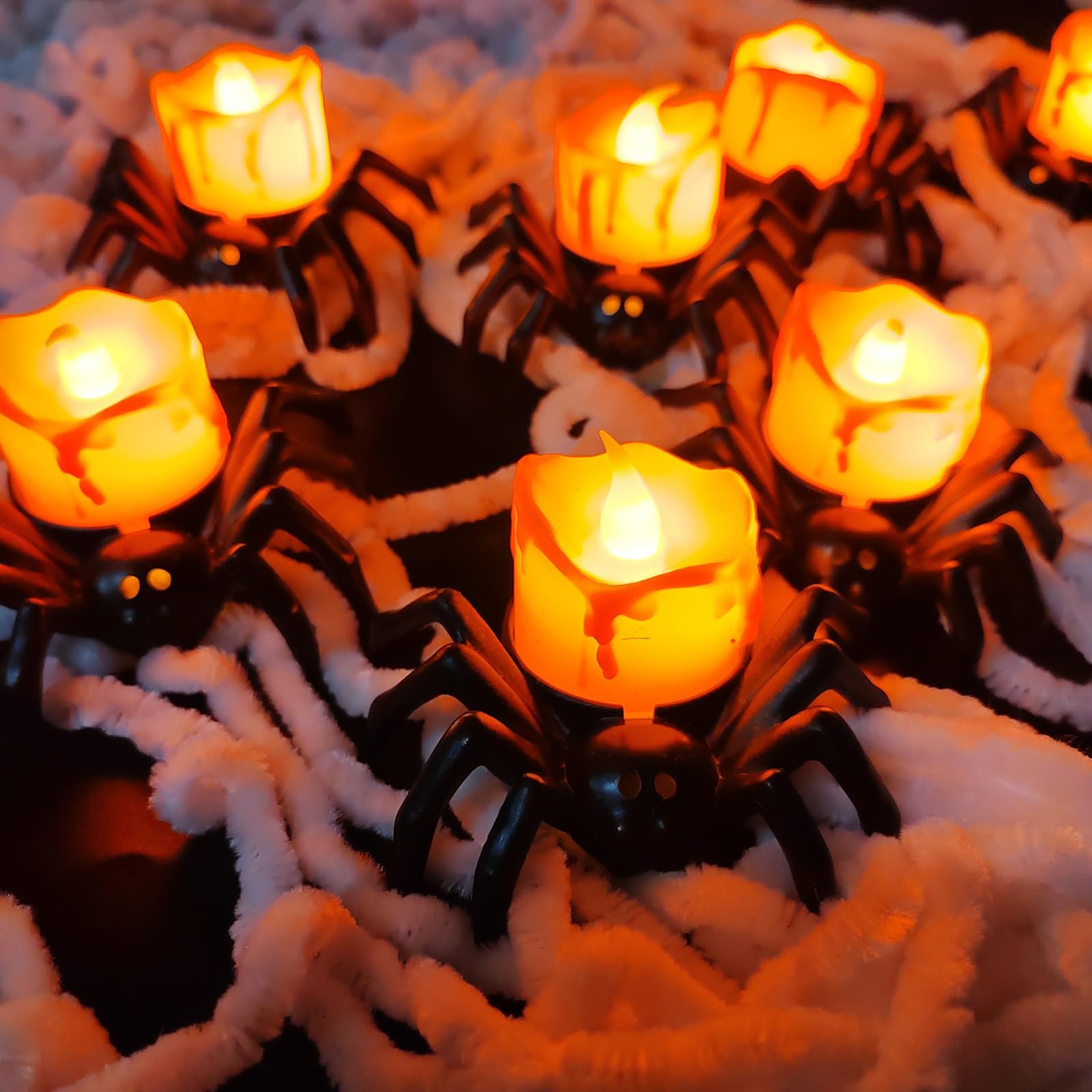 ZIEEZCYY 12Pcs Halloween Spider Tea Lights Decoration, 8pcs Orange and 4pcs Green Spider LED Lights Mixed Pack, for Halloween Party Decorations, Halloween Table Home Park Spooky Decor