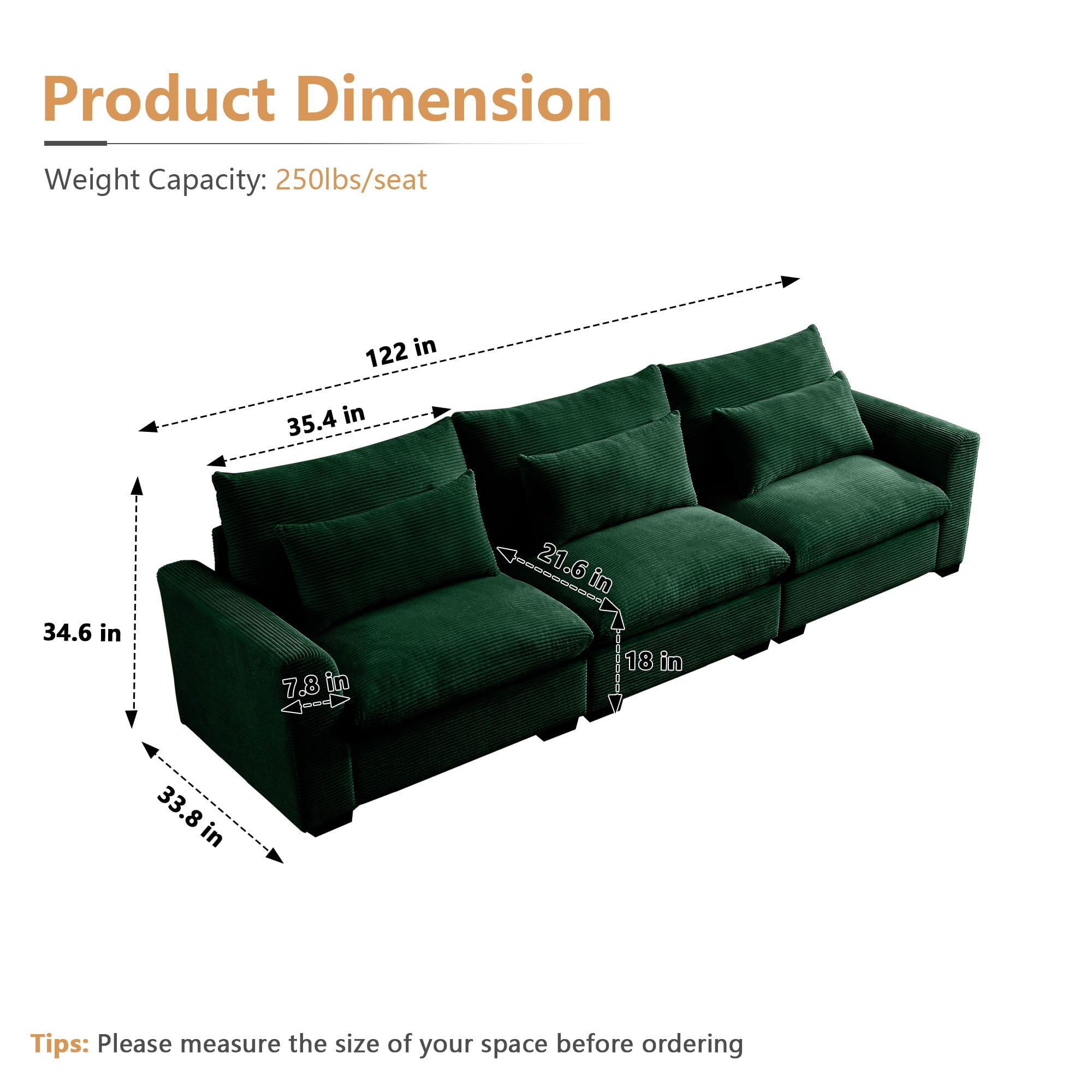 mikibama Modular Sectional Sofa, 122" Corduroy Deep Seat Upholstered Sofa, 3 Seater Comfy Cloud Couch with Waist Pillow for Living Room Office Apartment, Green