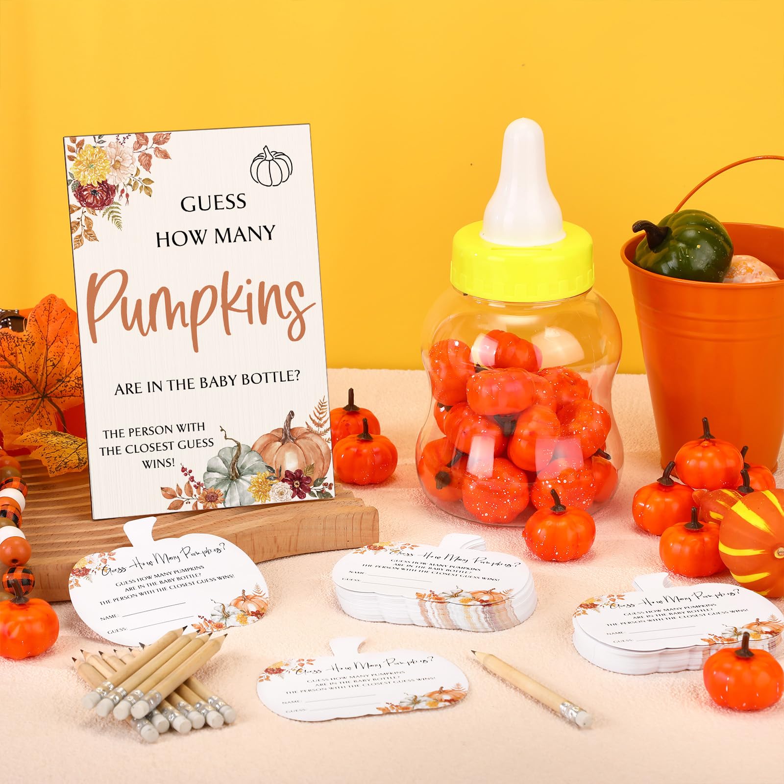 Seenelling 152 Pcs Fall Baby Shower Games Guess How Many Pumpkins Game Stand Sign 100 Pumpkins Guessing Cards 20 Pencils 1 Large Baby Bottle 30 Pumpkins for Guests Gender Reveal Party Game Decorations