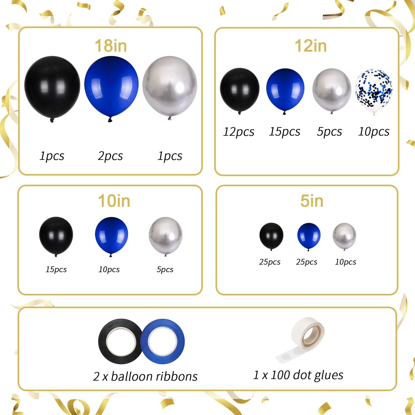 136pcs Blue and Black Balloons Garland Arch Kit, 18 12 10 5 Inch Black Royal Blue Silver Confetti Balloons Different Size Pack for Birthday Graduation New Year Eve Party Decoration