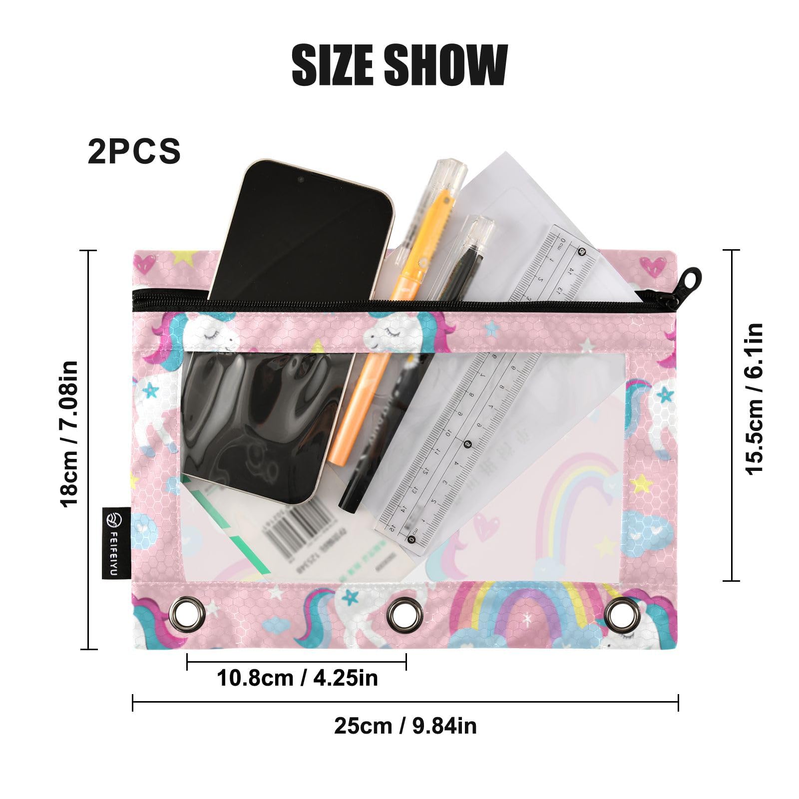 Hrzdove Pink Rainbow Cute Unicorns Pencil Case Pouch for 3 Ring Binder Pencil Pouches Cases 2 Set Clear Binder Organizer Small Zipper Pouch Pencil Bag for Work Storing Office Supplies College