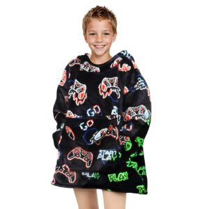 rexeo wearable blanket hoodie for kids fleece sweatshirt blanket gamer gifts for boys girls flannel hooded blanket with pocket and sleeves for kids