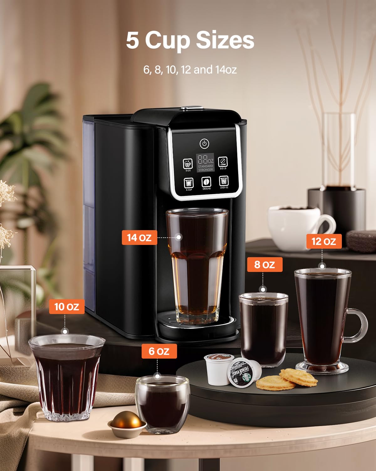 SHARDOR Single Serve Coffee Maker, Hot and Iced Coffee Machine for K-Cup Pods & Ground Coffee, 6 to 14 oz Brew Sizes, 50 oz Removable Water Tank, Bold Brew Setting, Stainless Steel, Black