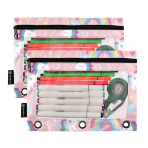 Hrzdove Pink Rainbow Cute Unicorns Pencil Case Pouch for 3 Ring Binder Pencil Pouches Cases 2 Set Clear Binder Organizer Small Zipper Pouch Pencil Bag for Work Storing Office Supplies College