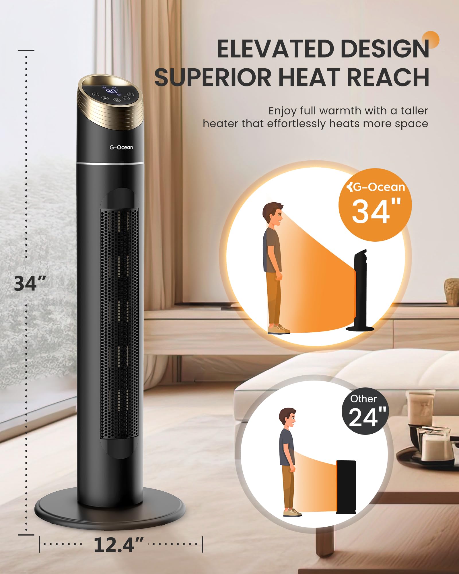 Space Heater, 34" Space Heater for Large Room with Remote, 1500W Tower Heater with 12H Timer, 70° Oscillating, Adjustable Thermostat, Overheating & Tip-over Protection, Indoor Use, Black