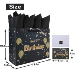 13” Large Black Happy Birthday Gift Bag Set with Handles, Greeting Card, Tissue Papers and Stickers for Women Girls Men Boys, Balloons Design, 1 Pcs