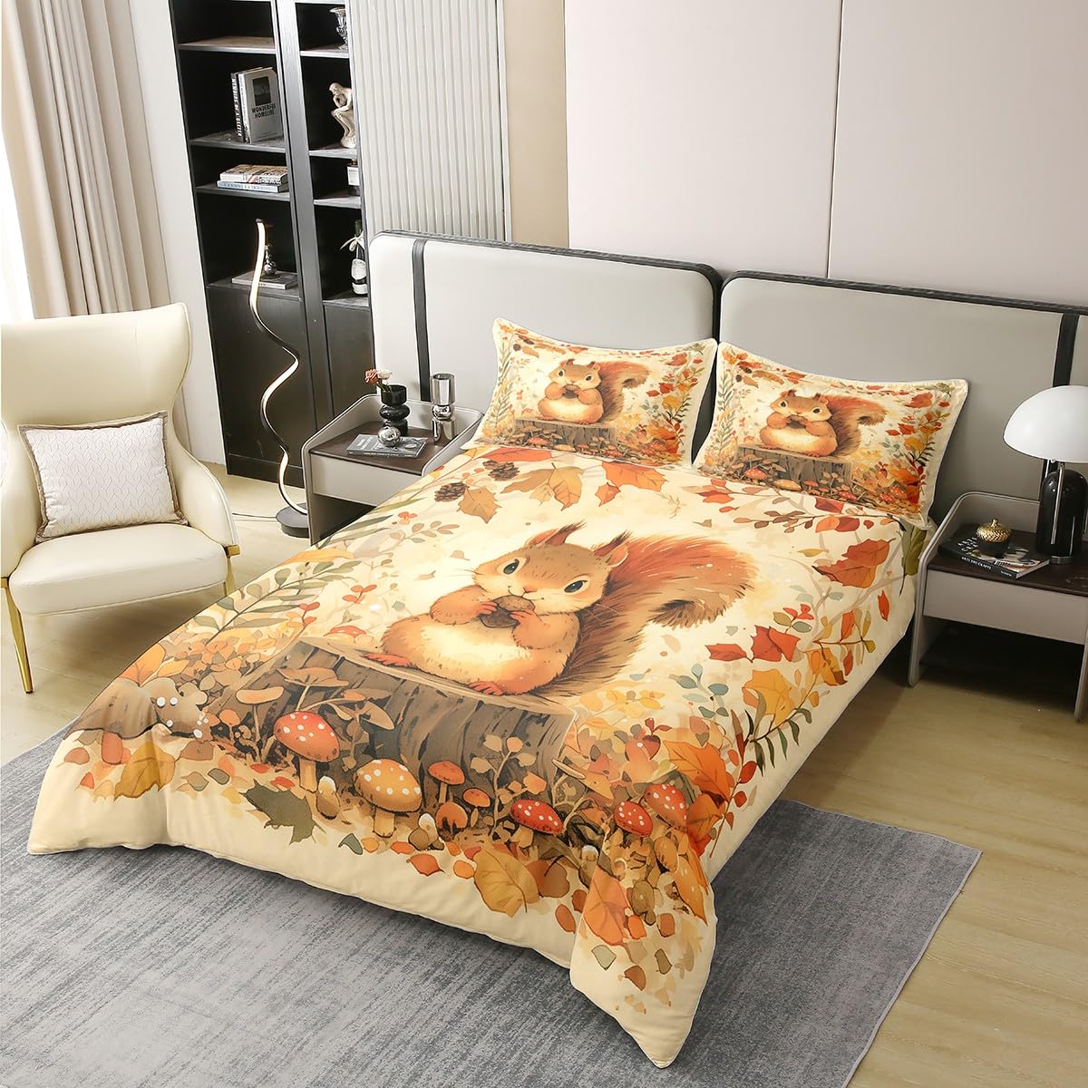 Cute Squirrel Bedding Set Queen 100% Cotton Cartoon Mushroom Watercolor Maple Leaves Duvet Cover for Kids Teens Adults Lovely Wild Animal Fall Rustic Style Comforter Cover,2 Pillowcases(No Comforter)