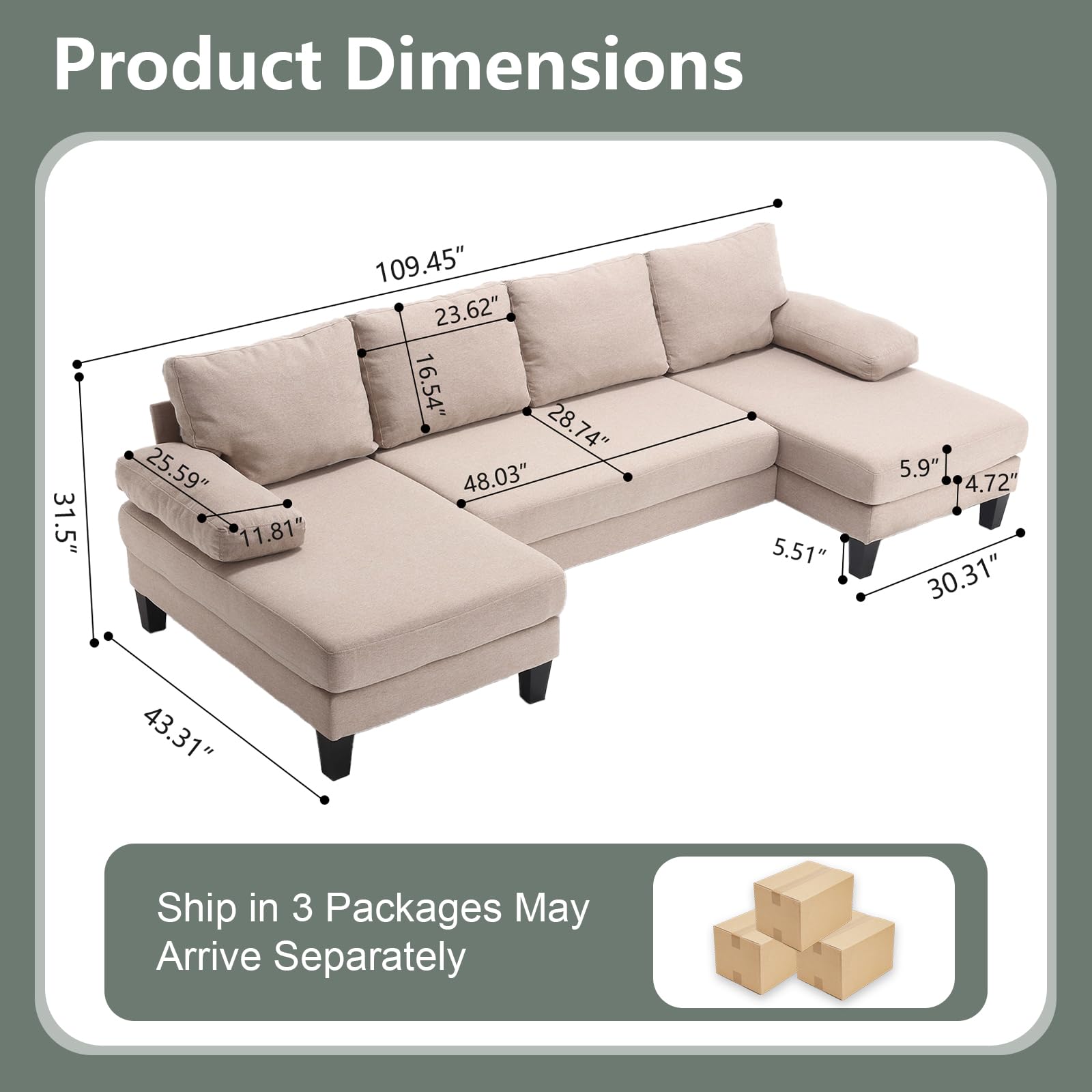 Lakifun Sectional Couches for Living Room, 110" U Shaped Convertible Sofa Couch with Double Chaise & Sleepable Armrests, 4 Seater Deep Seat Sofa Set for Home Apartment Office (Khaki)