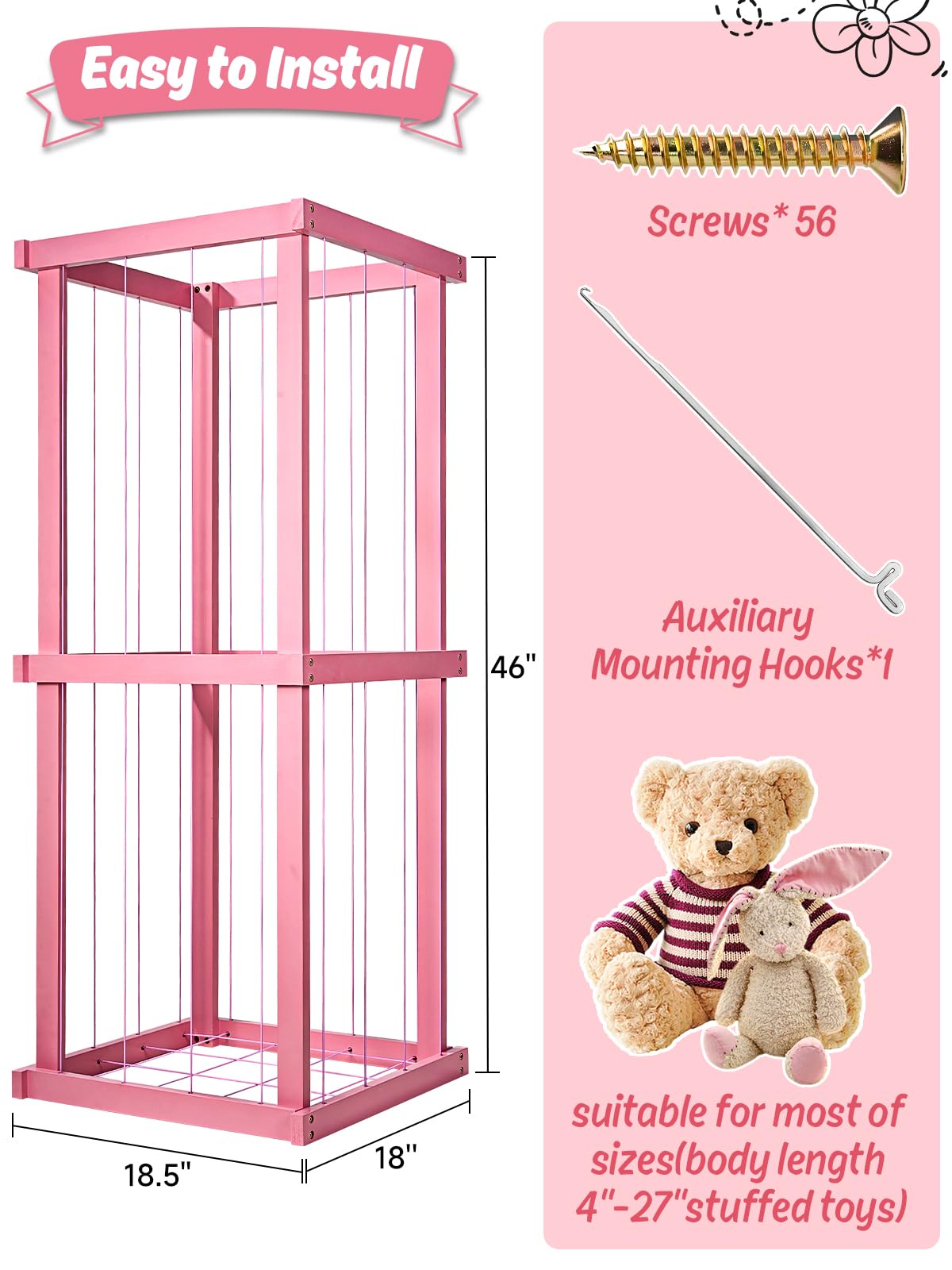 Feidyns Zoo Stuffed Animal Storage Wood, Extra Large Stuffed Animal Toy Zoo Storage Stuffed Animal Zoo Storage Holder Standing with Nets for Nursery Play Room Bedroom, Pink