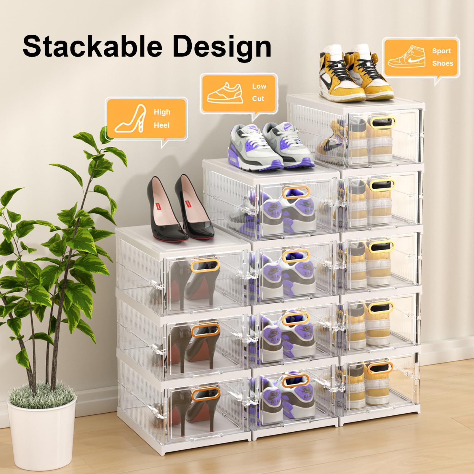 CiBiZi Clear Stackable Collapsible Storage Bins with Lids 3 Tiers Storage Drawers Plastic Drawers Snack Organizer-Storage Solution for Closet Organization Stackable Shoe Boxes