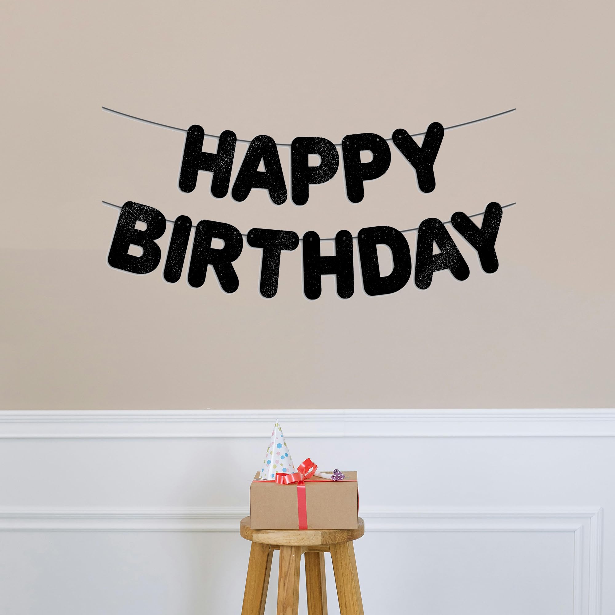 JunyRuny Pre-Strung Happy Birthday Banner Black Glitter Banner, Black Birthday Party Decorations & Decor for Women & Men & Boy & Girl, 30th 40th 50th 60th 70th 80th Happy Birthday Backdrop/Sign Birthday Gift