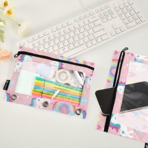 Hrzdove Pink Rainbow Cute Unicorns Pencil Case Pouch for 3 Ring Binder Pencil Pouches Cases 2 Set Clear Binder Organizer Small Zipper Pouch Pencil Bag for Work Storing Office Supplies College