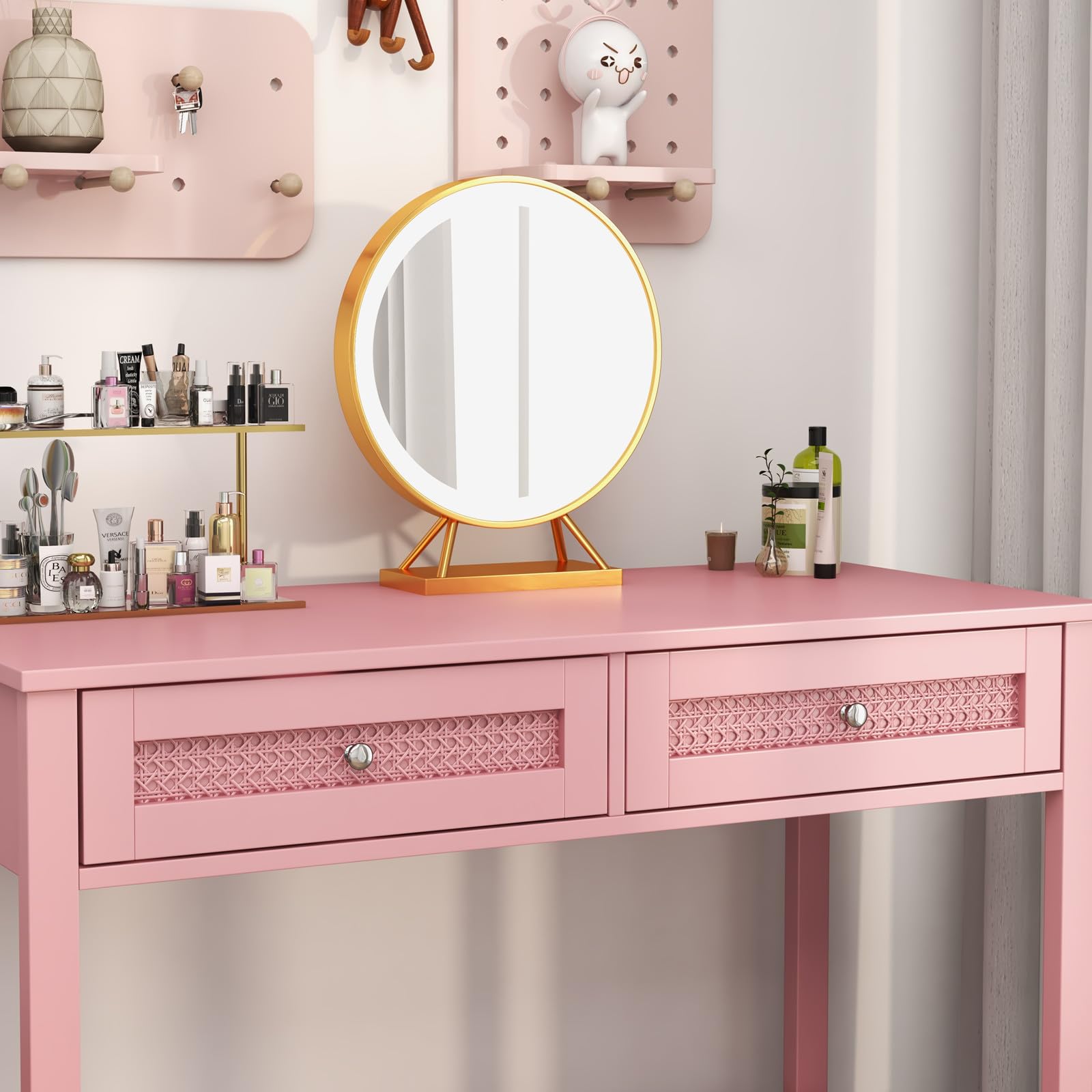 Vikiullf Pink Desk with Drawers - 39 in Study Writing Table Makeup Vanity Desks for Small Spaces, Modern Home Office Desk with 2 Rattan Drawers, (Pink, 39.5)