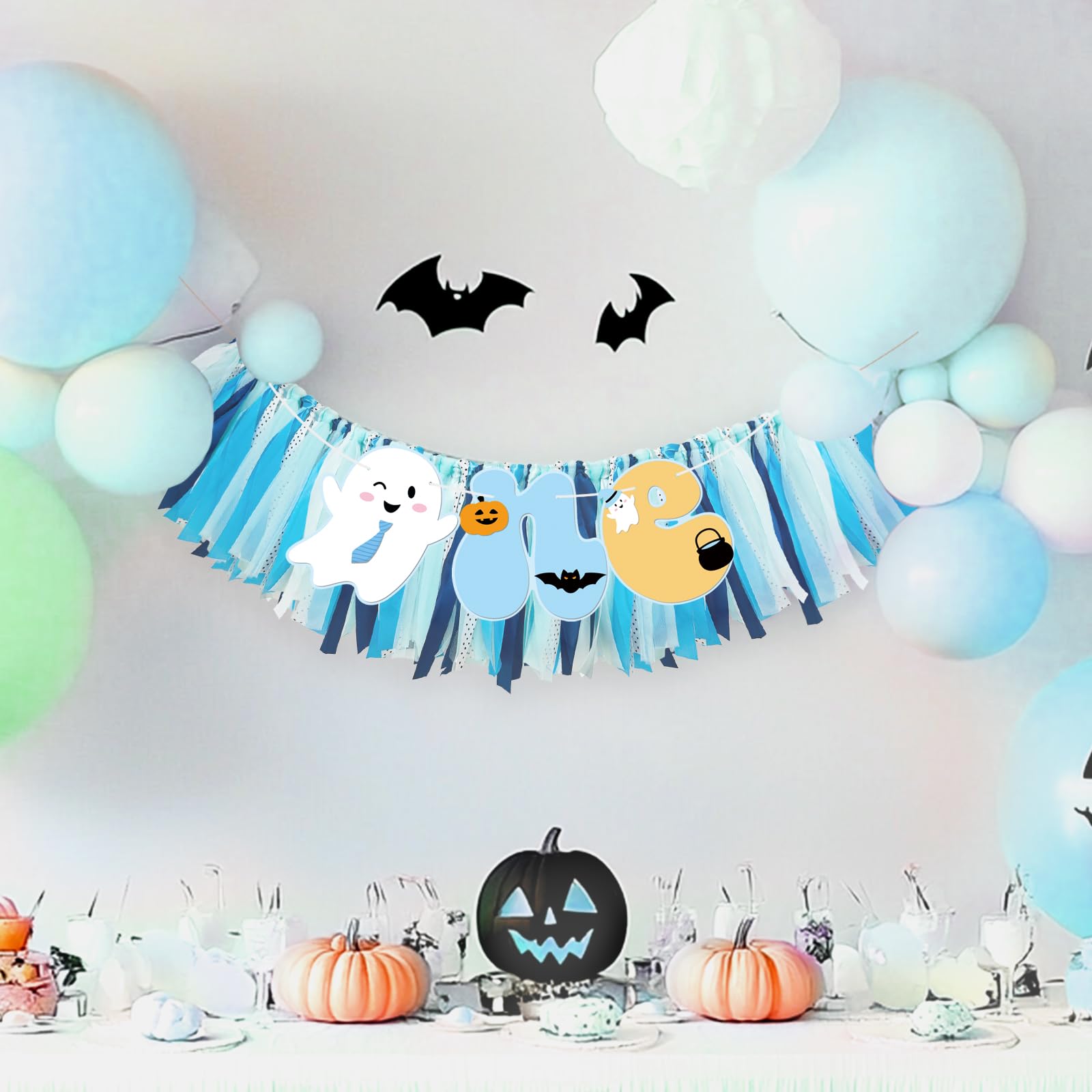 Fiesec Spooky One Birthday Highchair Banner Boy, Blue Halloween 1st Birthday Decorations Boy, Ghost First Party Decor, Little Boo Is One High Chair Ribbon Banner Smash Cake Photo Prop