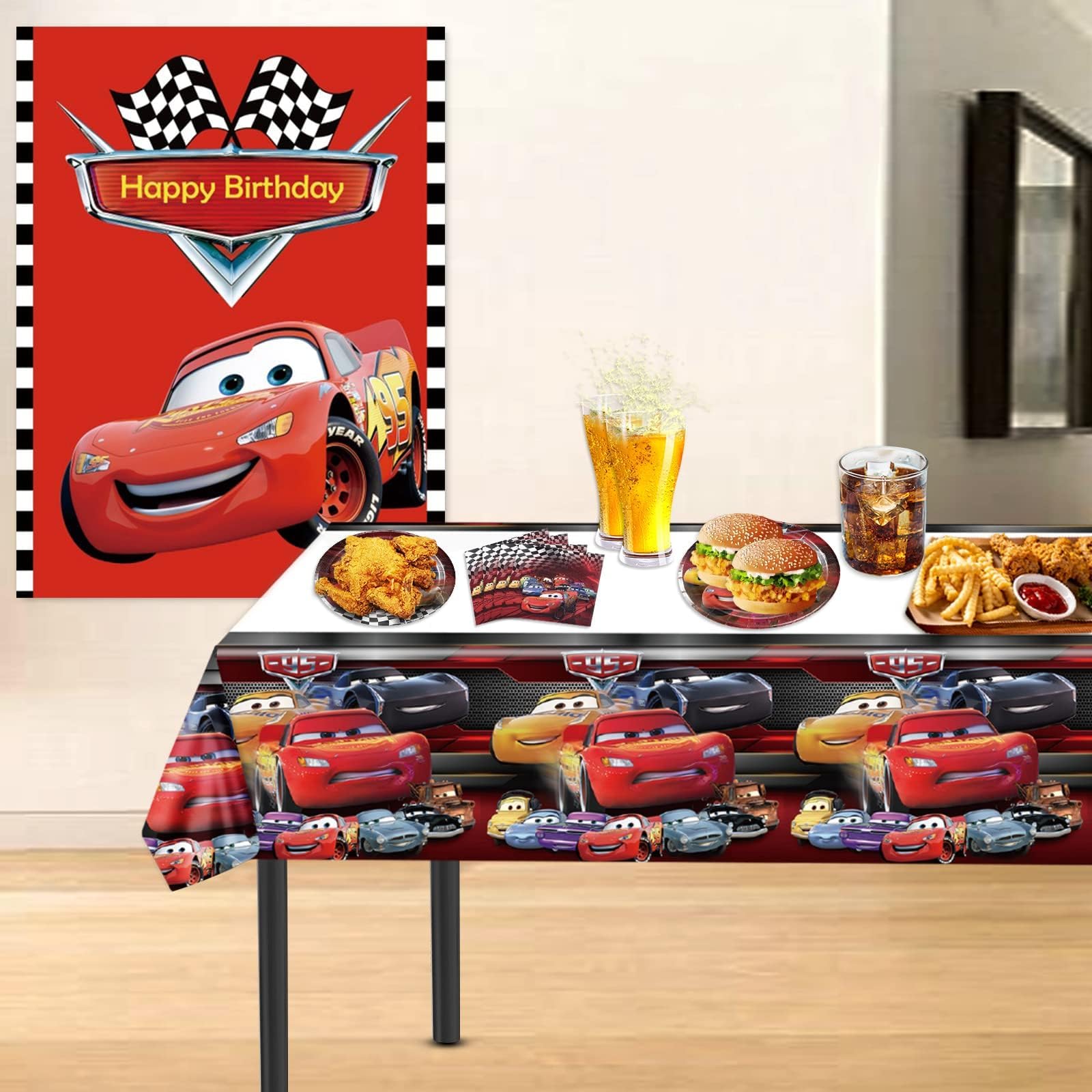 Cars Birthday Party Supplies, 20 Plates, 20 Napkins and 1 Tablecover for Cars Party Decorations