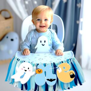 Fiesec Spooky One Birthday Highchair Banner Boy, Blue Halloween 1st Birthday Decorations Boy, Ghost First Party Decor, Little Boo Is One High Chair Ribbon Banner Smash Cake Photo Prop