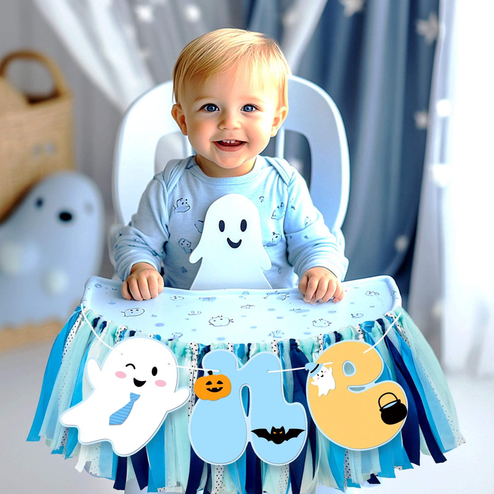 Fiesec Spooky One Birthday Highchair Banner Boy, Blue Halloween 1st Birthday Decorations Boy, Ghost First Party Decor, Little Boo Is One High Chair Ribbon Banner Smash Cake Photo Prop