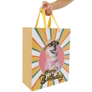 13” Large Yellow Happy Birthday Gift Bag Set with Handles, Greeting Card, Tissue Papers and Stickers for Women Girls Men Boys, Dog Design, 1 Pcs