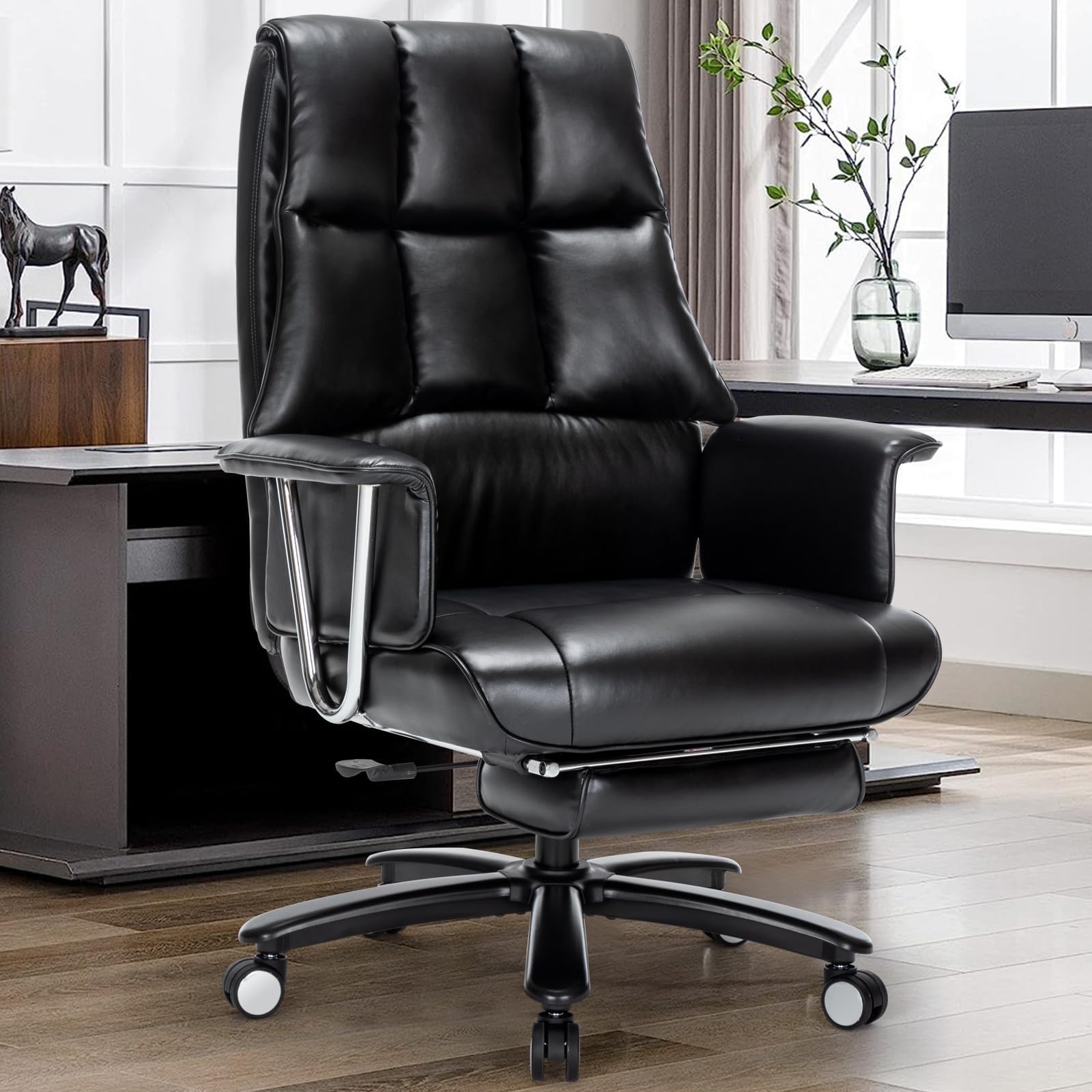 Office Chair Heavy Duty with Footrest, 400lbs-Big Tall PU Leather Ergonomic Office Chair for Heavy People High Back Computer Task Reclining Chair with Wide Thick Cushion Large Home Office Chair