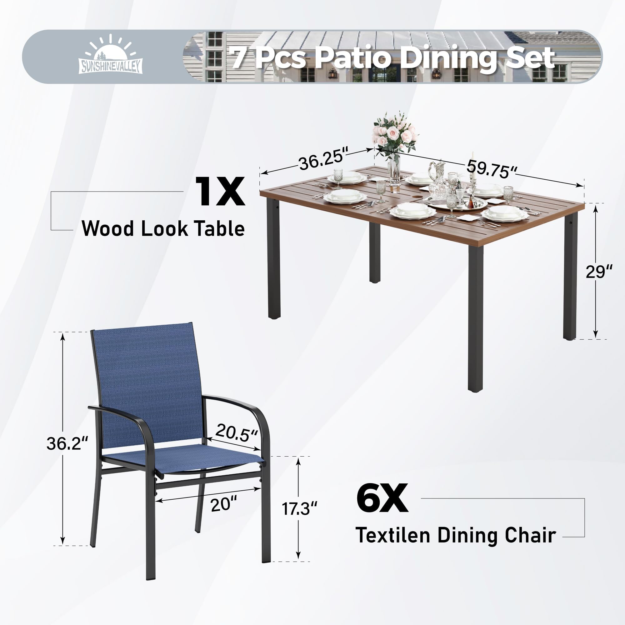 SUNSHINE VALLEY Patio Dining Sets for 6,Outdoor Dining Blue Chairs Rectangular Dining Table with 1.57” Umbrella Hole Wood-Like Table Top for Outdoor Kitchen Lawn Garden,Backyard,Deck.