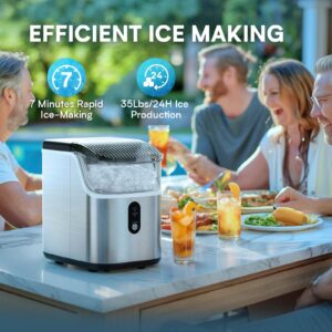 FREE VILLAGE Nugget Ice Makers Countertop, Pebble Ice Maker Machine with Soft Chewable Ice, 35lbs/24H, Self-Cleaning, One-Click Operation, Stainless Steel, Pellet Ice Maker for Home Kitchen Office