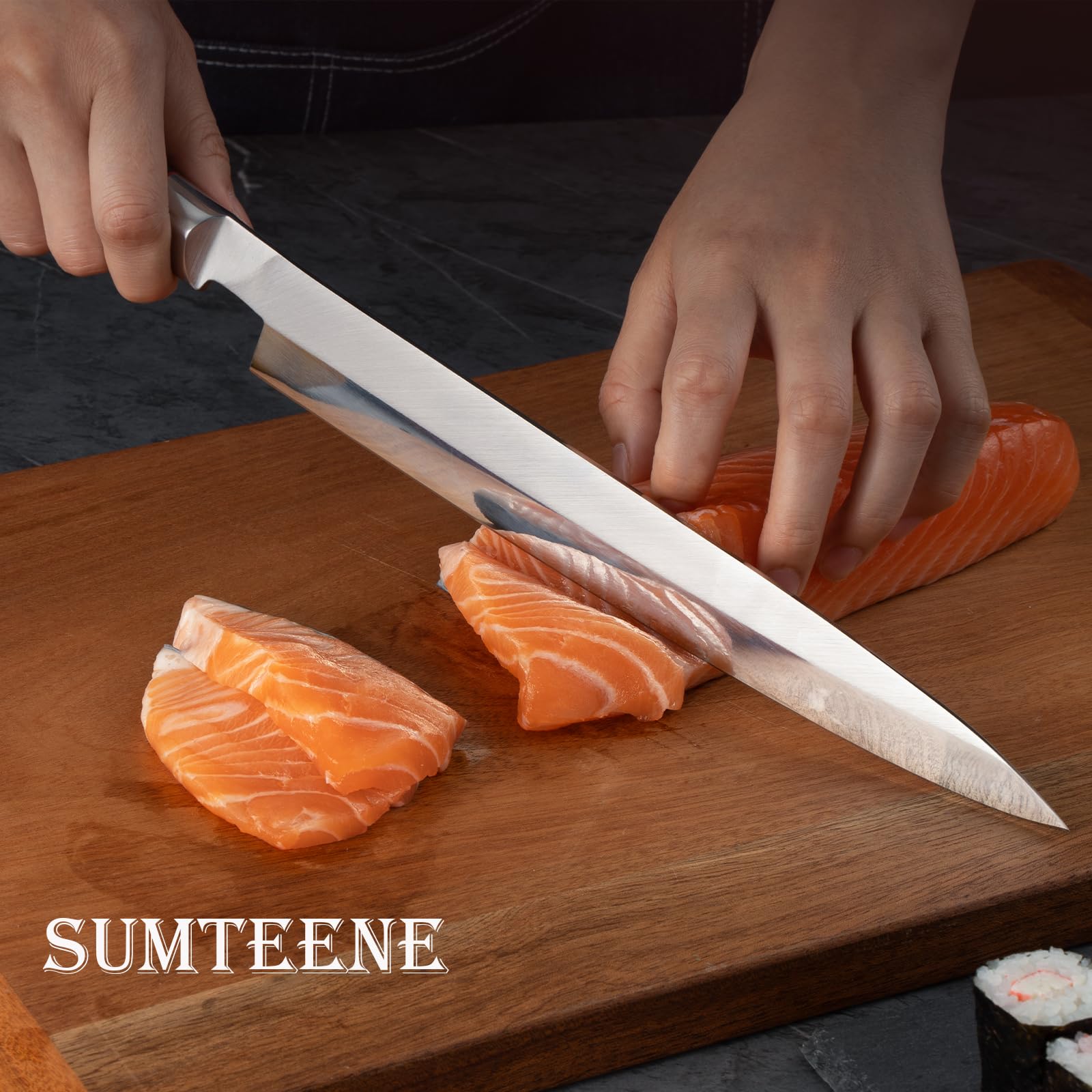 Sumteene Sushi Knife 10.8 inches, Japanese Sashimi Knife with High Carbon Stainless Steel Blade,Ergonomic Wenge Wood Handle, Single Bevel Yanagiba Knife for Cutting Sushi & Sashimi, Fish Filleting