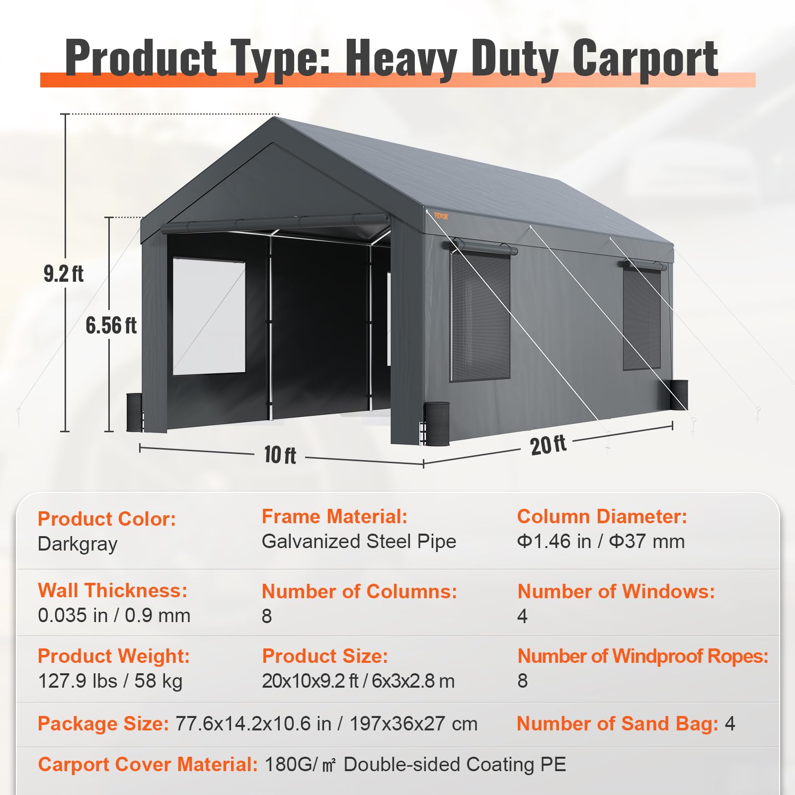 VEVOR Carport, 10x20 ft Heavy Duty Portable Garage with Roll-up Windows & Removable Sidewalls, UV Resistant Waterproof All-Season Car Canopy for SUV, Car, Truck, Boat