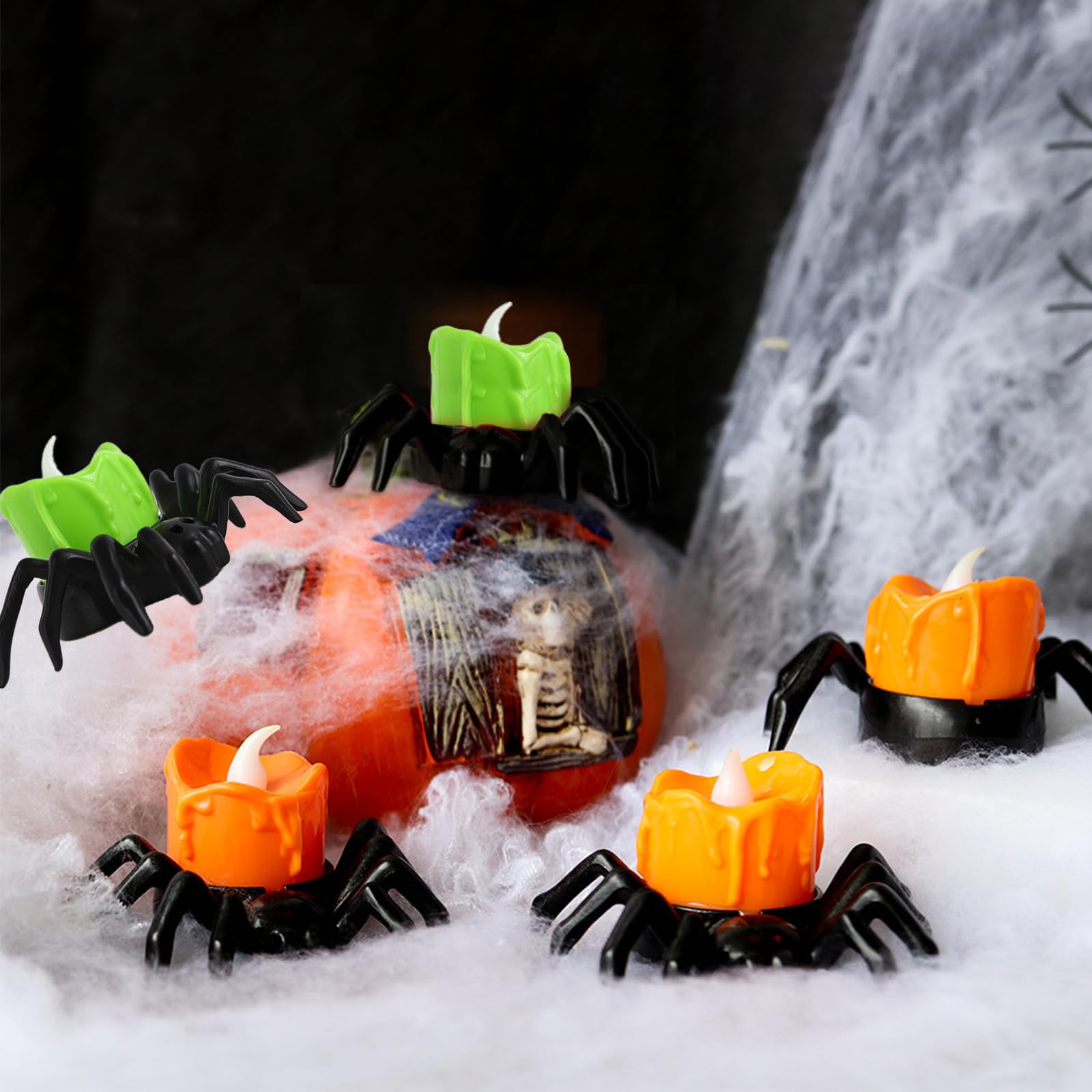 ZIEEZCYY 12Pcs Halloween Spider Tea Lights Decoration, 8pcs Orange and 4pcs Green Spider LED Lights Mixed Pack, for Halloween Party Decorations, Halloween Table Home Park Spooky Decor