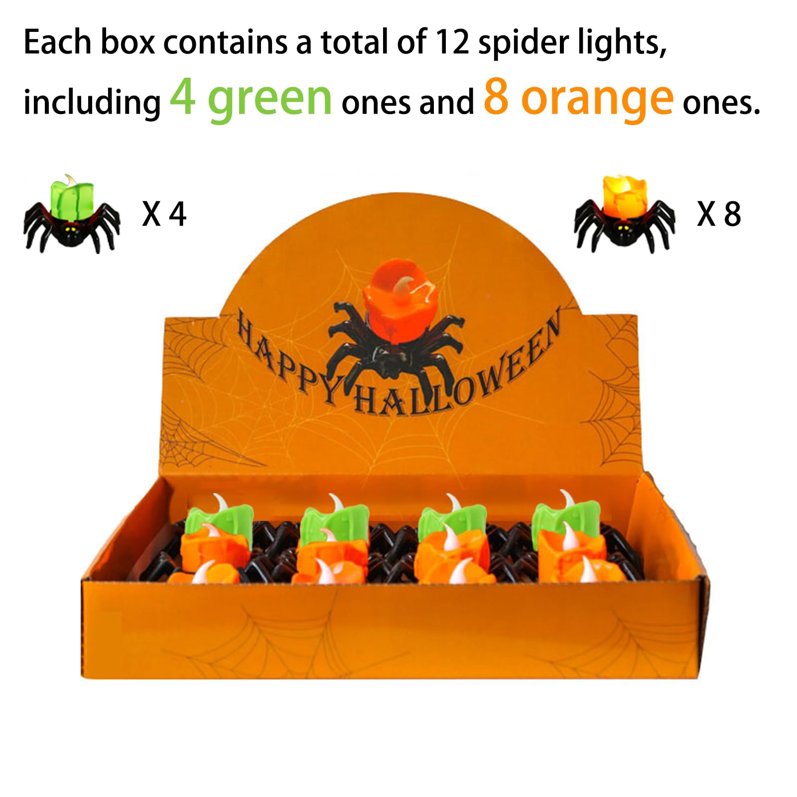 ZIEEZCYY 12Pcs Halloween Spider Tea Lights Decoration, 8pcs Orange and 4pcs Green Spider LED Lights Mixed Pack, for Halloween Party Decorations, Halloween Table Home Park Spooky Decor