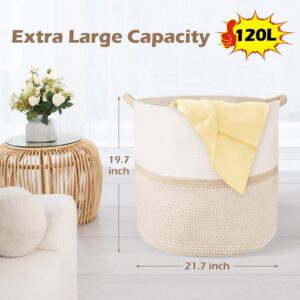 120L Extra Large & Tall Laundry and Blanket Hamper Basket with Handles for Living Room and Bedroom, Cotton Woven High Storage Basket and Organizer for Dirty Clothes, Toys, Pillows, Khaki (khaki)