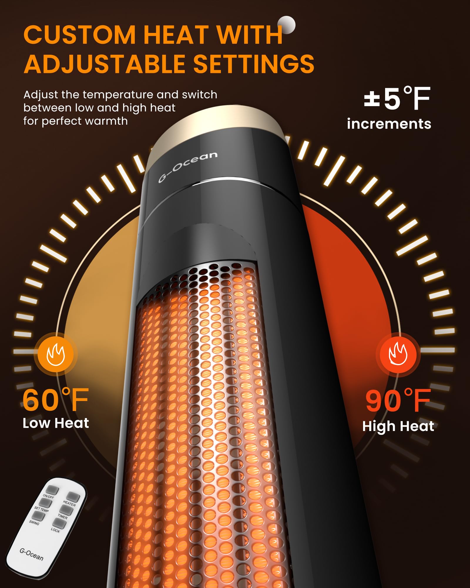 Space Heater, 34" Space Heater for Large Room with Remote, 1500W Tower Heater with 12H Timer, 70° Oscillating, Adjustable Thermostat, Overheating & Tip-over Protection, Indoor Use, Black