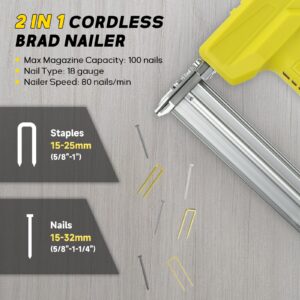 Cordless 18 Gauge Nailer Gun for DeWalt 20V Max Battery, 18 GA 2 in 1 Brad Nailer/Staple Gun with Pack of Nails and Staples Nail Gun for Home Improvement & Woodworking(No Battery)