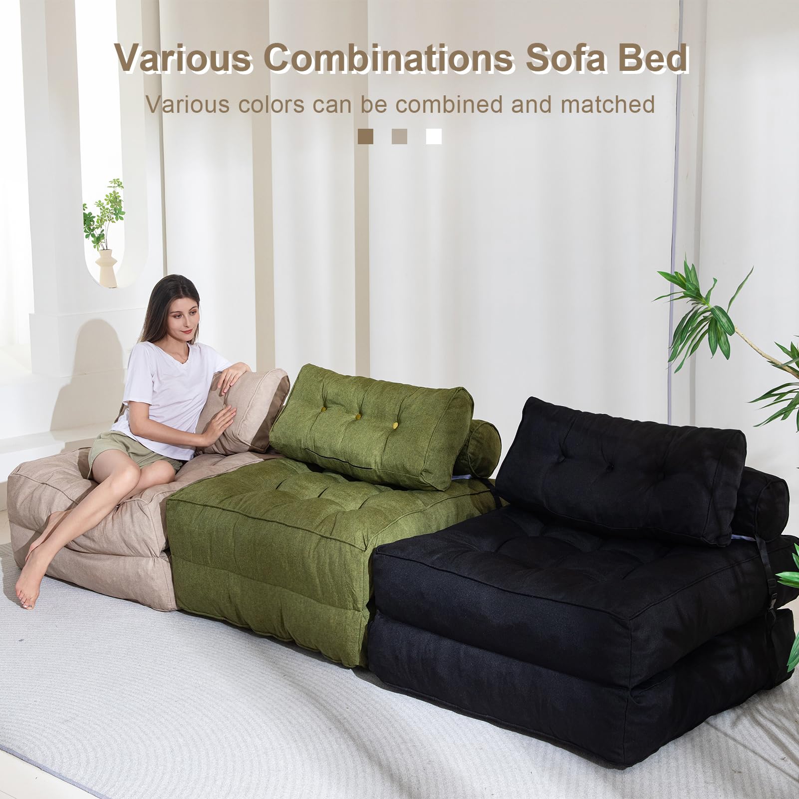 YOSHOOT Folding Couch Sofa Bed, Convertible Sleeper Chairs with Back Support, Foldable Couch Futon Mattress with Pillow, Portable Fold Out Chair Bed Floor Mattress Floor Couch for Living Room