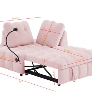 ECKF 3 in 1 Velvet Loveseat Pull-out Sofa Couch w/Pullout Bed, Convertible Sleeper Sofa Bed w/Removable Backrest, Love Seat Lounge Sofa w/Have USB Port and Swivel Phone Stand for Living Room (Pink)