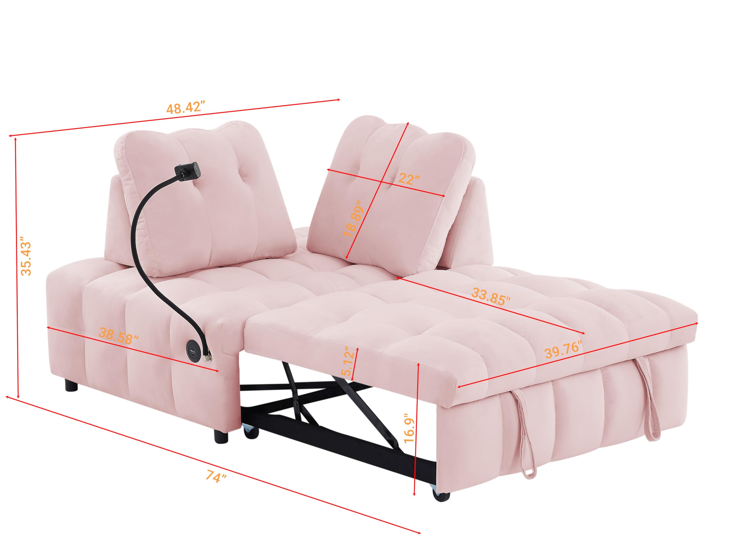 ECKF 3 in 1 Velvet Loveseat Pull-out Sofa Couch w/Pullout Bed, Convertible Sleeper Sofa Bed w/Removable Backrest, Love Seat Lounge Sofa w/Have USB Port and Swivel Phone Stand for Living Room (Pink)