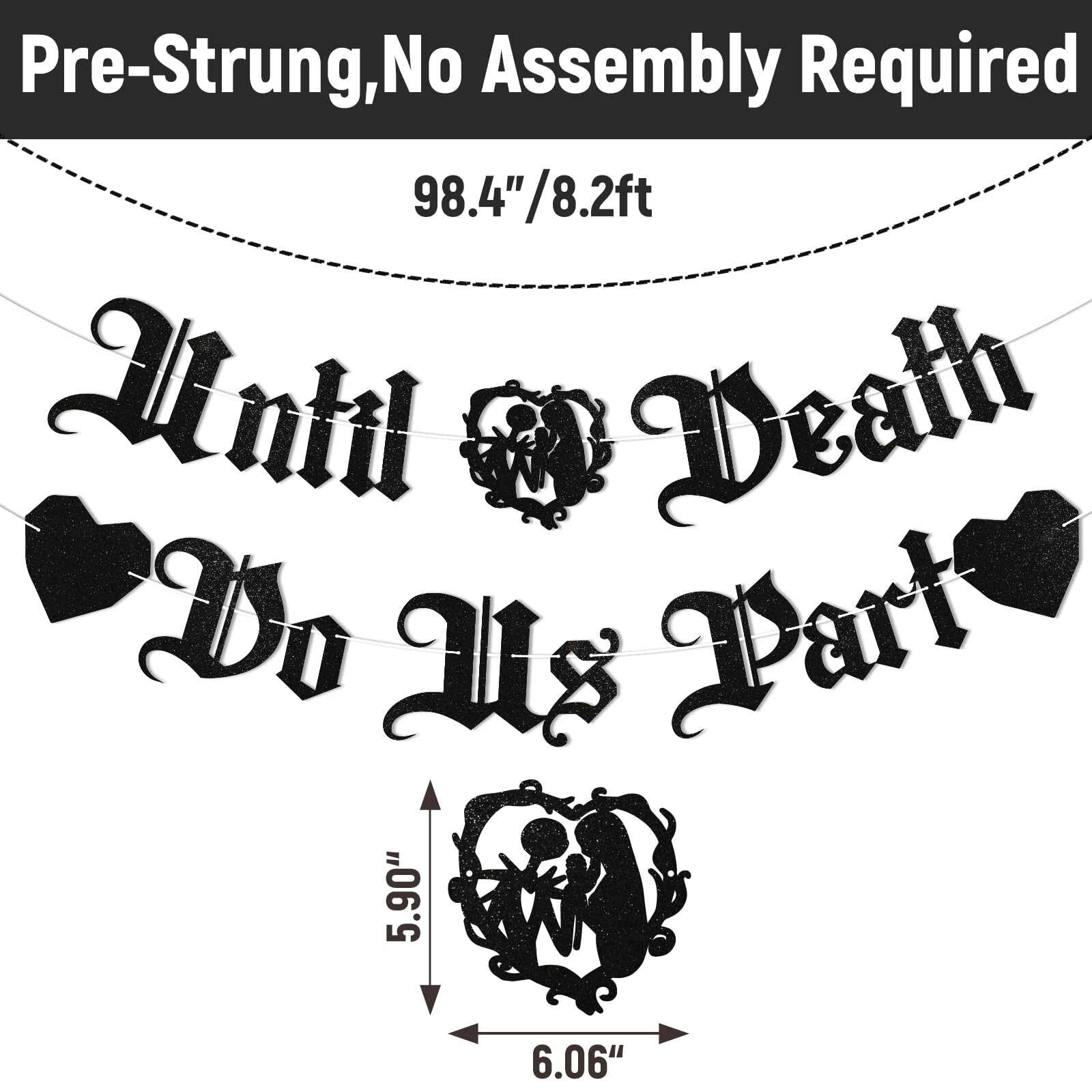 Until Death Do Us Part Banner - Skeleton Wedding Party Decorations, Gothic Wedding Bridal Shower Party Decorations, Halloween Wedding Bachelorette Party Decorations Black Glitter