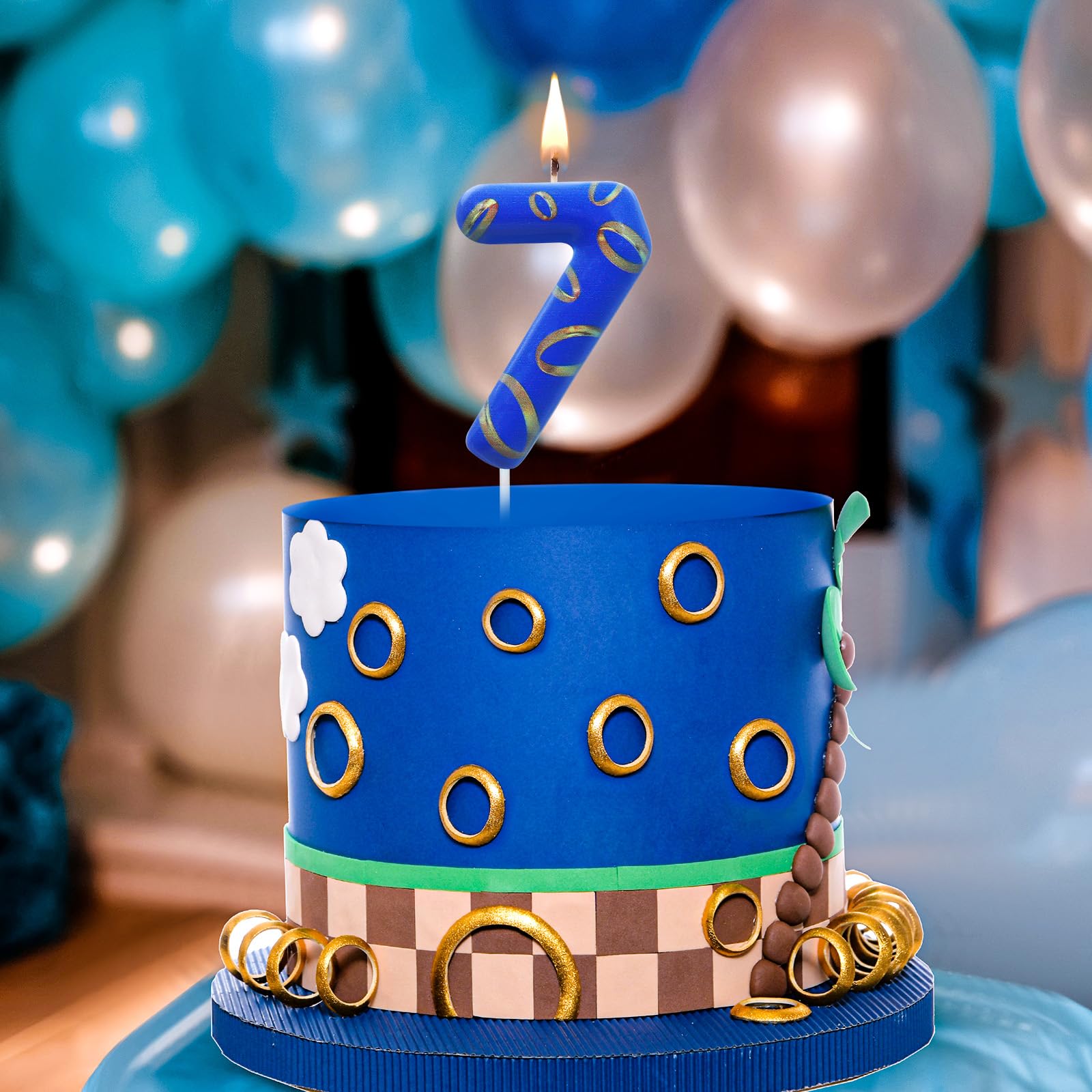 Conelist Number 7 Blue and Golden Rings Birthday Number Candle Blue Birthday Cake Topper Blue Themed Birthday Candle for Boys Girls Blue Theme Party Decor Supplies