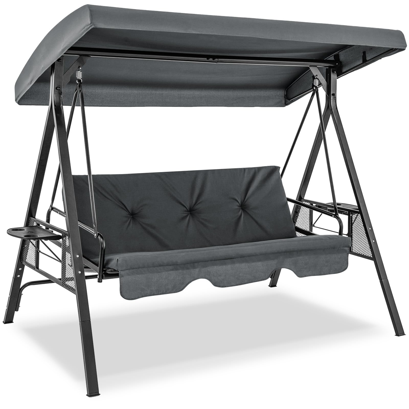 Tangkula 3 Person Porch Swing, 2-in-1 Convertible Patio Swing Bed with Adjustable Canopy, 2 Cup Holder Table, Soft Seat & Back Cushions, Outdoor Swing for Backyard, Garden, 1000 lbs Max Load (Grey)